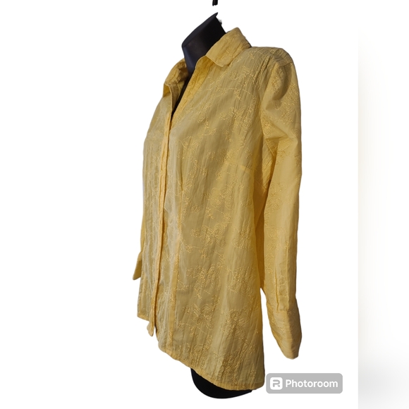 💲1️⃣ Laura Petites Yellow Embroidered Flowers Button-down 3/4 Slv Blouse Sz Sm - Picture 2 of 8